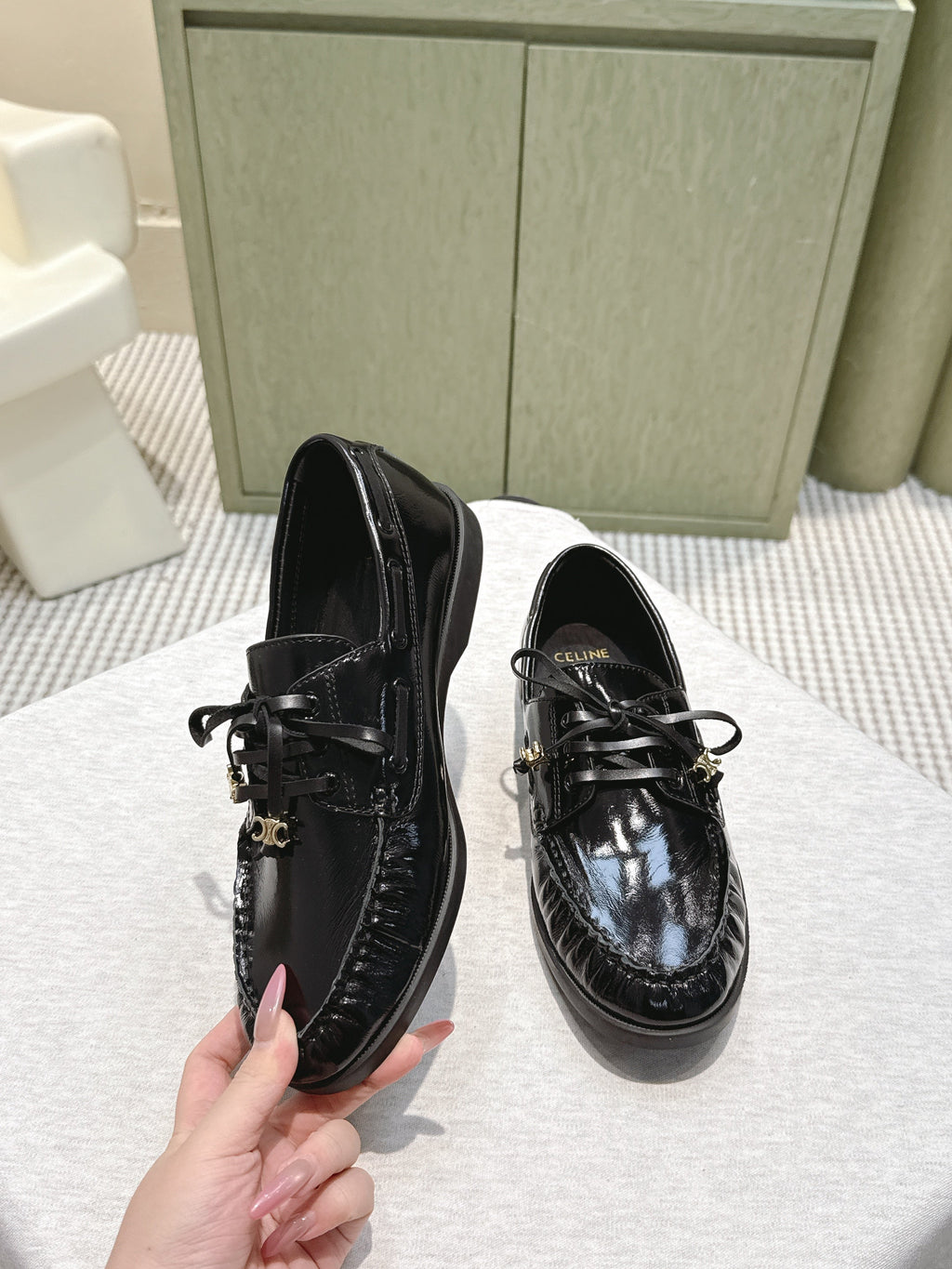 CELINE 26S LACE-UP LOAFERS IN BLACK GLOSSY CALFSKIN
