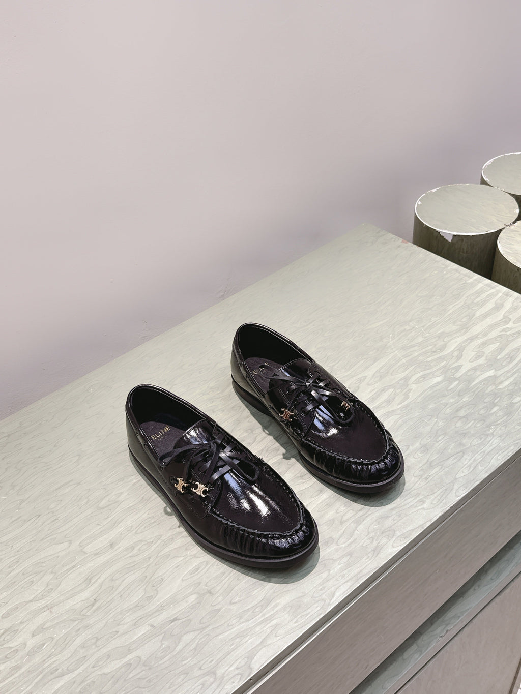 CELINE 26S LACE-UP LOAFERS IN BLACK GLOSSY CALFSKIN