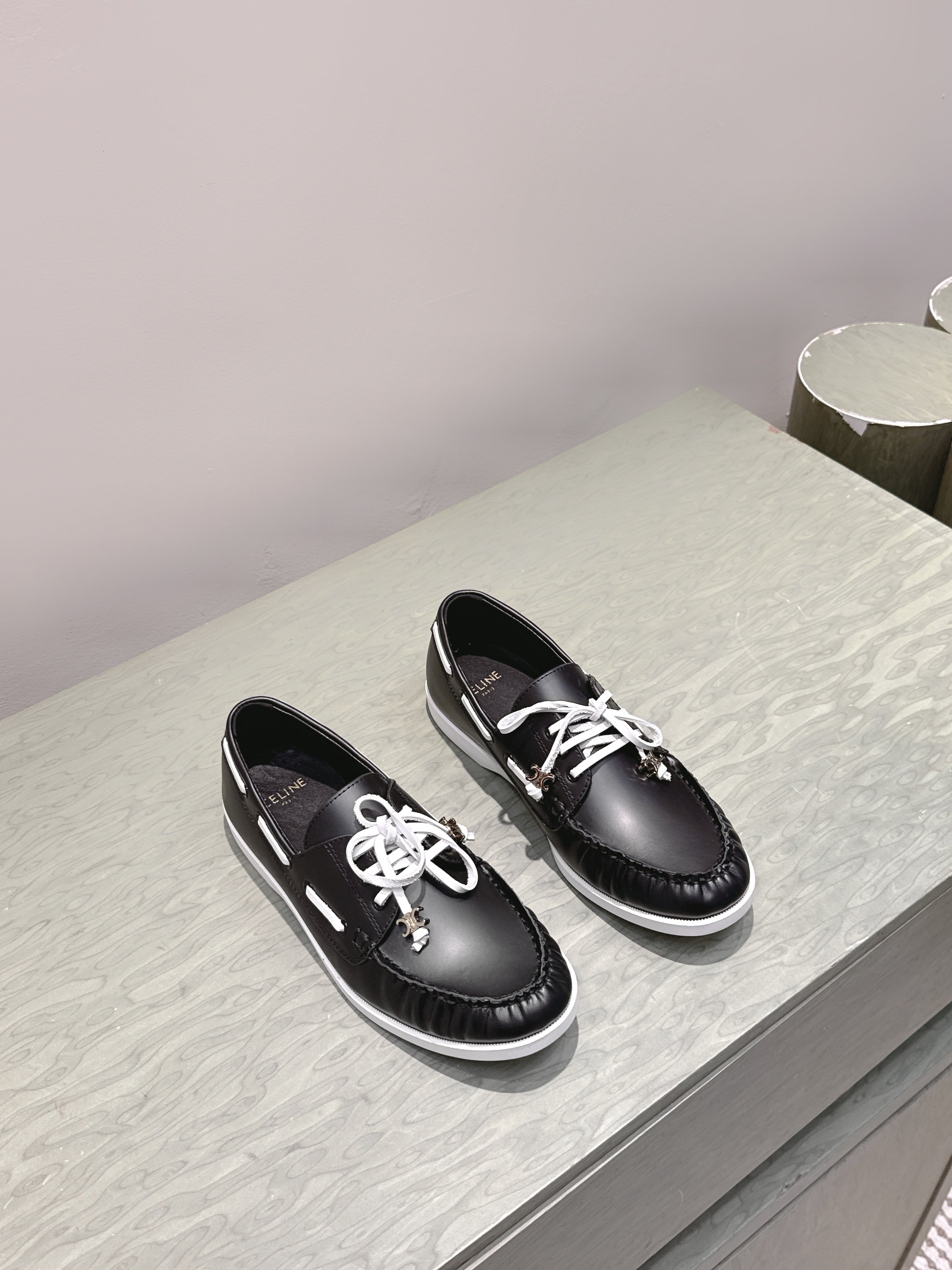CELINE 26S LACE-UP LOAFERS IN BLACK CALFSKIN
