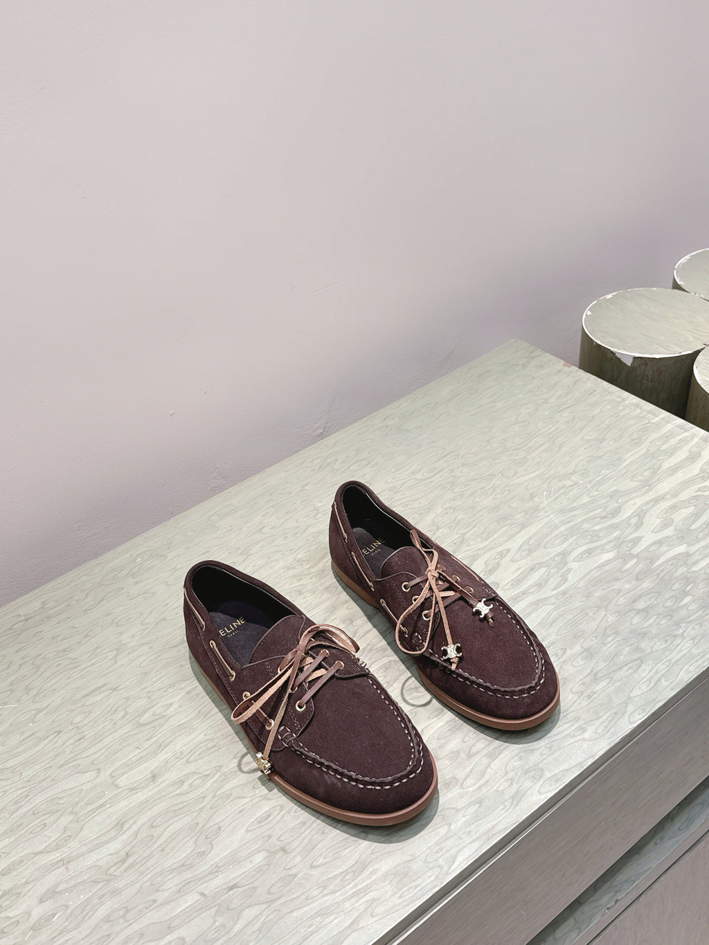 CELINE 26S LACE-UP LOAFERS IN DARK BROWN SUEDE