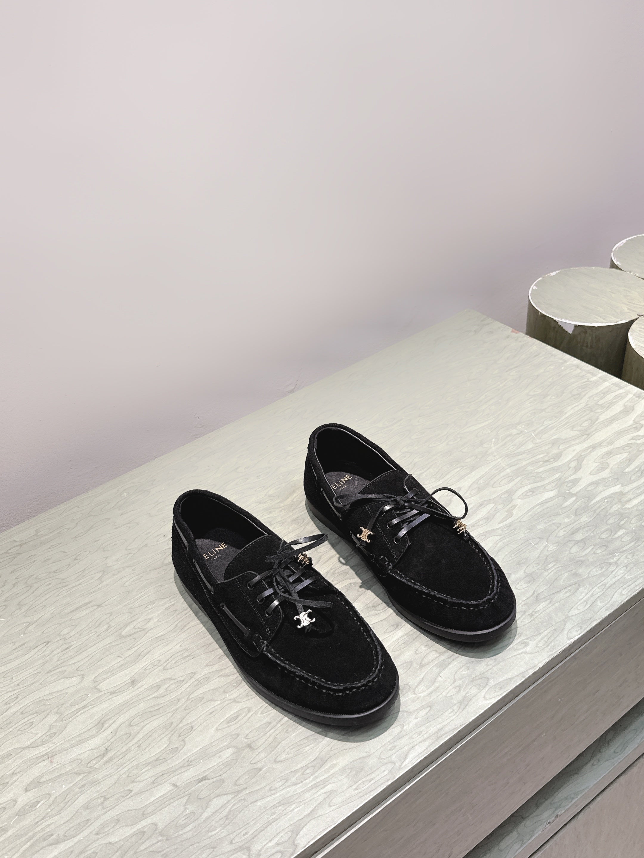 CELINE 26S LACE-UP LOAFERS IN BLACK SUEDE
