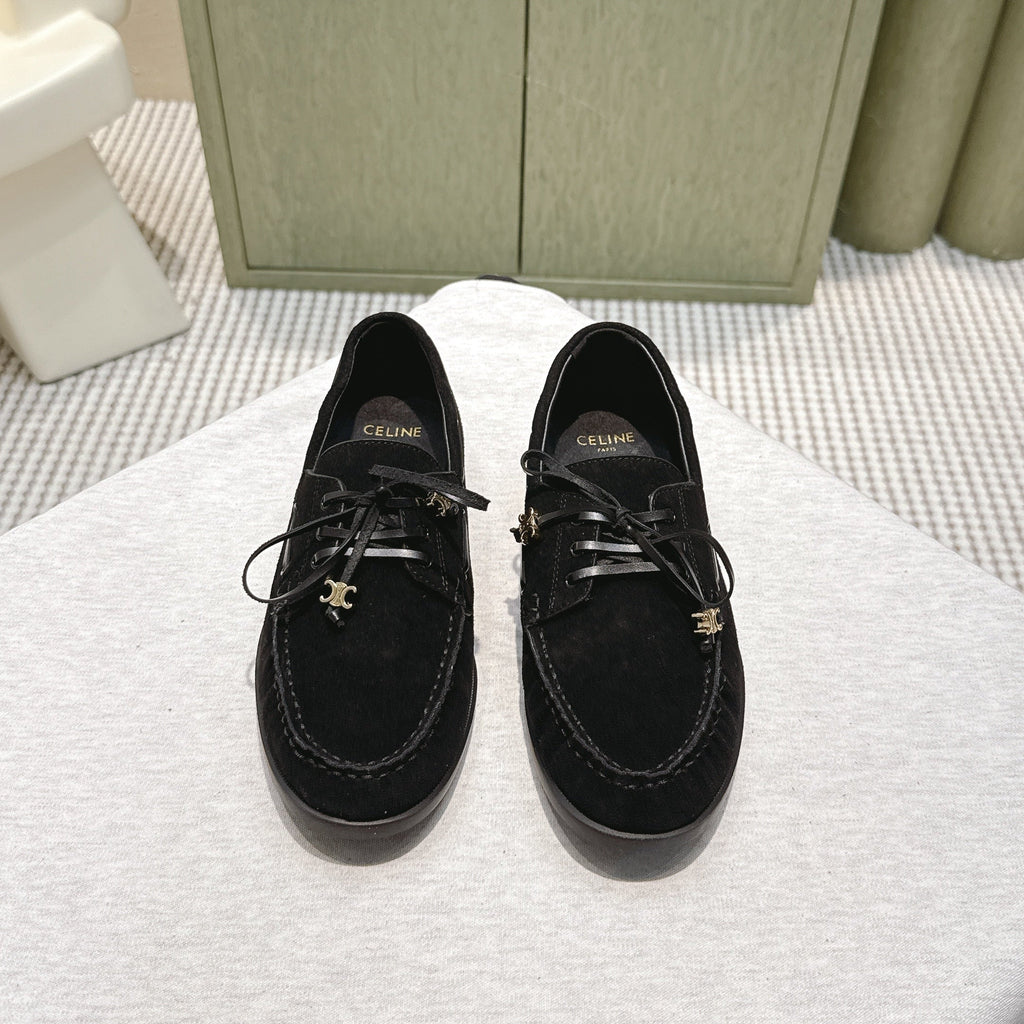 CELINE 26S LACE-UP LOAFERS IN BLACK SUEDE