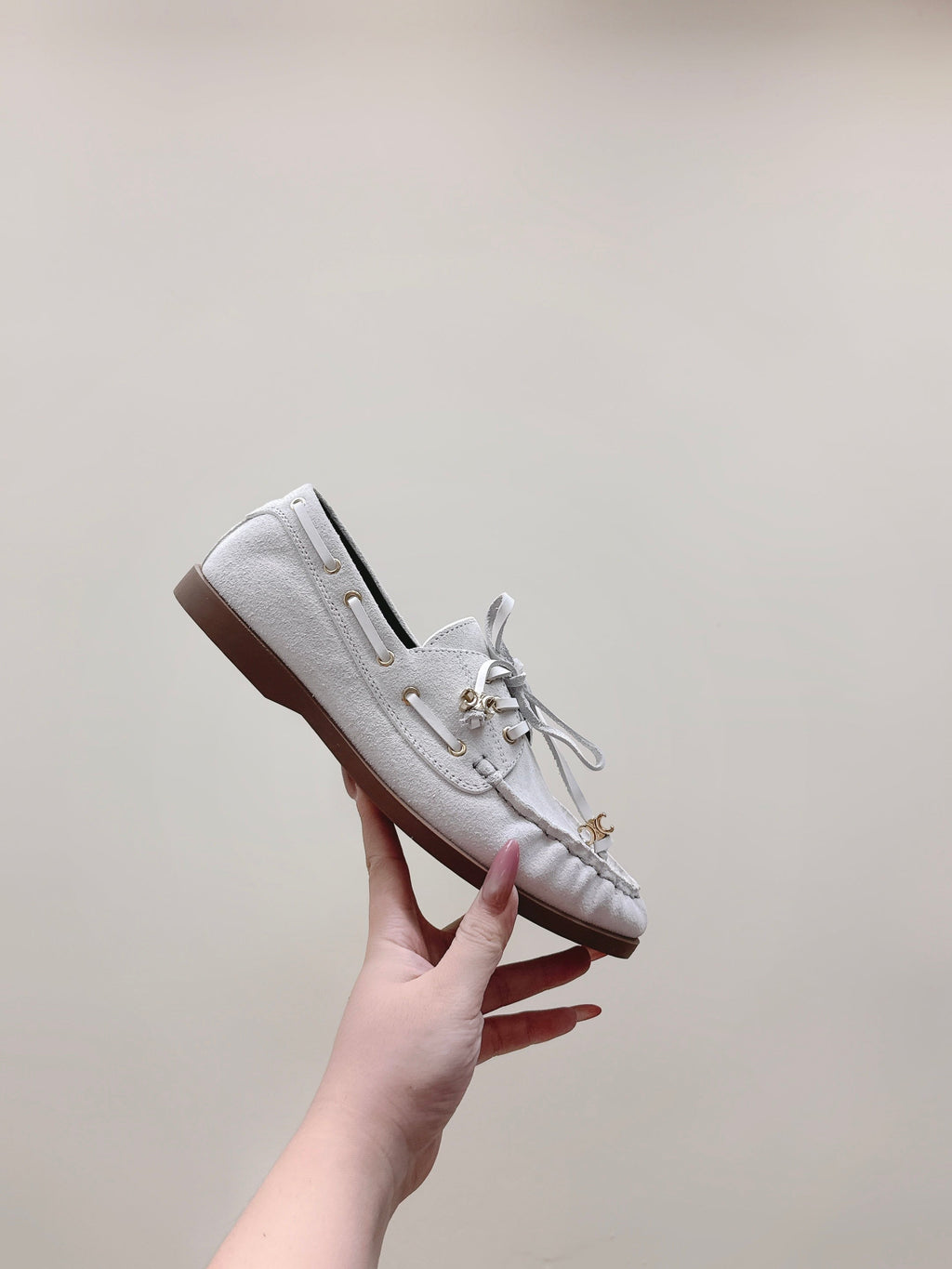 CELINE 26S LACE-UP LOAFERS IN OFF-WHITE BEIGE SUEDE