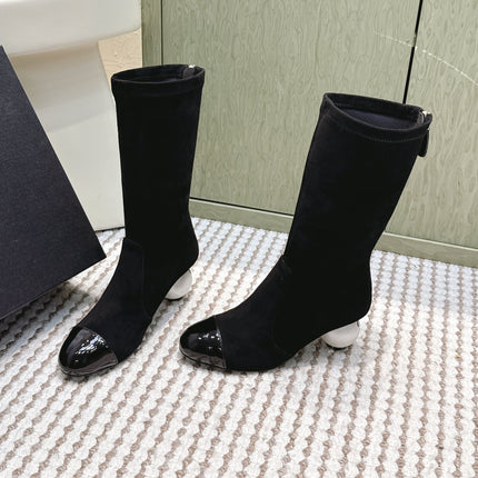 CHANEL 25S PEARL BOOTS IN BLACK SUEDE AND PATENT CALFSKIN