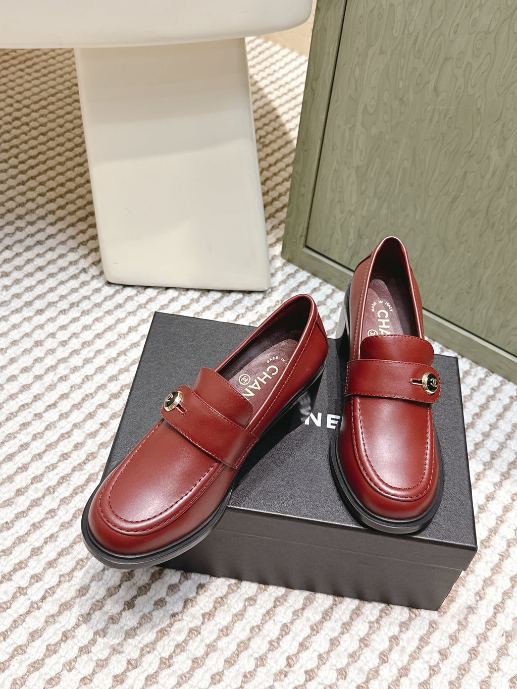 CHANEL 25S GODDESS MOCCASIN LOAFERS 65MM IN DARK RED CALFSKIN GOLD HARDWARE
