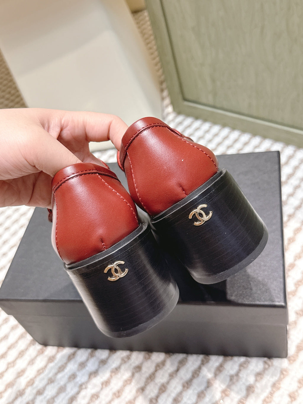 CHANEL 25S GODDESS MOCCASIN LOAFERS 65MM IN DARK RED CALFSKIN GOLD HARDWARE