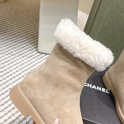 CHANEL 25S CALF-HIGH BOOTS IN BLACK AND BEIGE SUEDE LINED WITH SHEEPSKIN