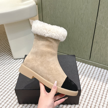 CHANEL 25S CALF-HIGH BOOTS IN BLACK AND BEIGE SUEDE LINED WITH SHEEPSKIN
