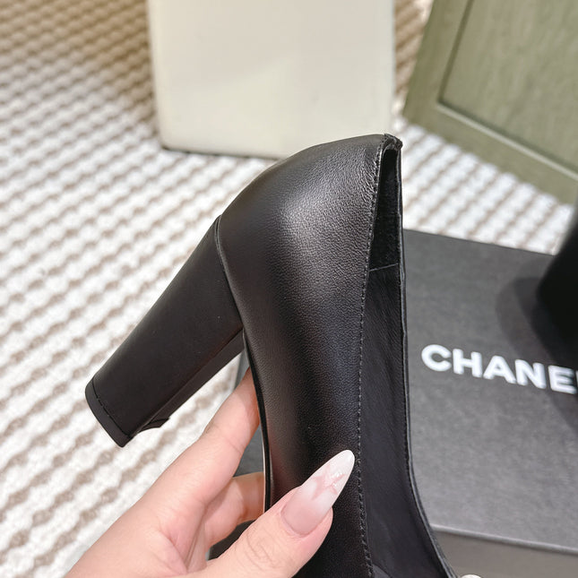 CHANEL 25S SLINGBACK SHOES 90MM IN BLACK CALFSKIN SQUARE TOE GOLD HARDWARE