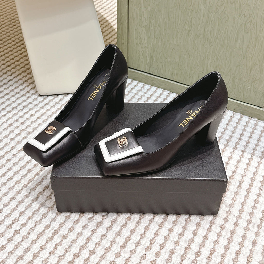 CHANEL 25S SLINGBACK SHOES 90MM IN BLACK CALFSKIN SQUARE TOE GOLD HARDWARE