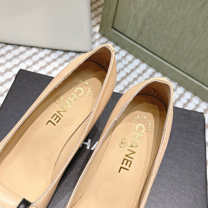 CHANEL 25S SLINGBACK SHOES 90MM IN BEIGE CALFSKIN SQUARE TOE GOLD HARDWARE