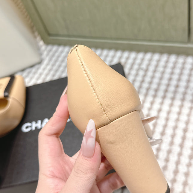 CHANEL 25S SLINGBACK SHOES 90MM IN BEIGE CALFSKIN SQUARE TOE GOLD HARDWARE