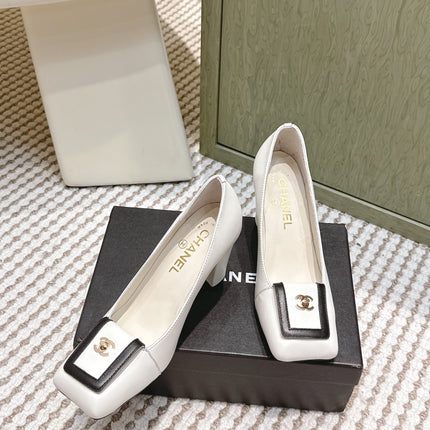 CHANEL 25S SLINGBACK SHOES 90MM IN WHITE CALFSKIN SQUARE TOE GOLD HARDWARE