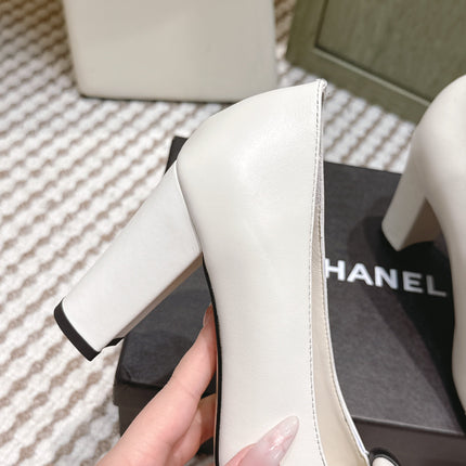 CHANEL 25S SLINGBACK SHOES 90MM IN WHITE CALFSKIN SQUARE TOE GOLD HARDWARE