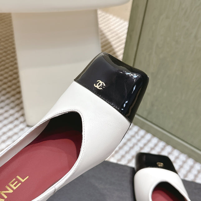 CHANEL 25S SQUARE-TOE HIGH HEELS 90MM IN WHITE AND BLACK CALFSKIN