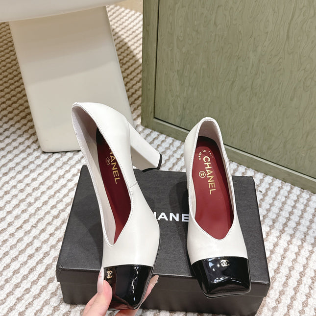 CHANEL 25S SQUARE-TOE HIGH HEELS 90MM IN WHITE AND BLACK CALFSKIN