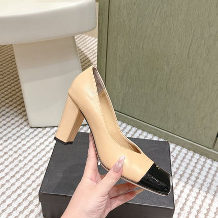 CHANEL 25S SQUARE-TOE HIGH HEELS 90MM IN DARK BEIGE AND BLACK CALFSKIN