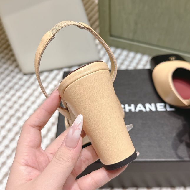 CHANEL 25S HIGH-HEELED SQUARE-TOE SLINGBACK 90MM IN DARK BEIGE AND BLACK CALFSKIN