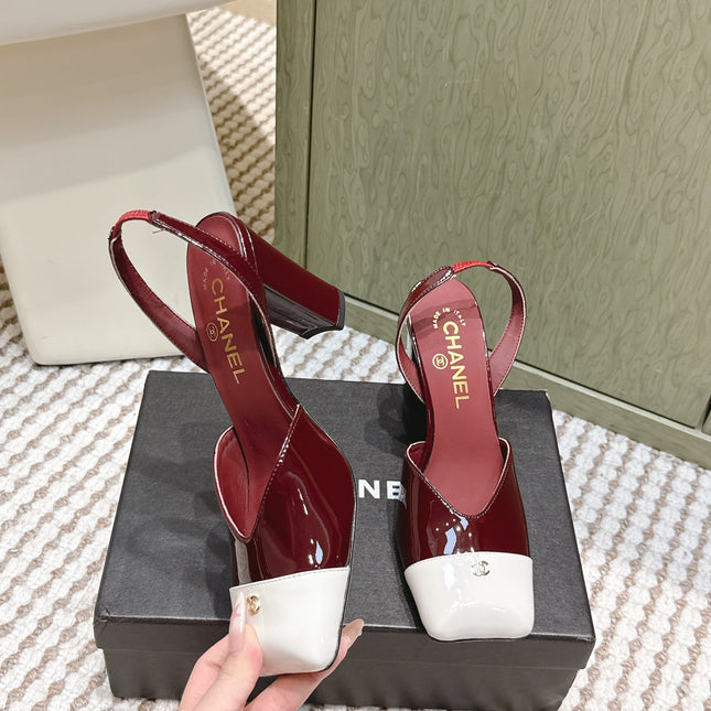 CHANEL 25S HIGH-HEELED SQUARE-TOE SLINGBACK 90MM IN DARK RED AND WHITE CALFSKIN