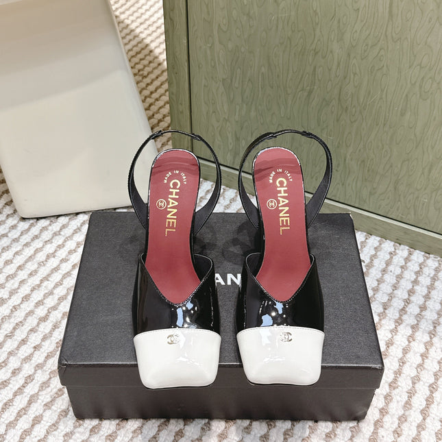CHANEL 25S HIGH-HEELED SQUARE-TOE SLINGBACK 90MM IN BLACK AND WHITE CALFSKIN