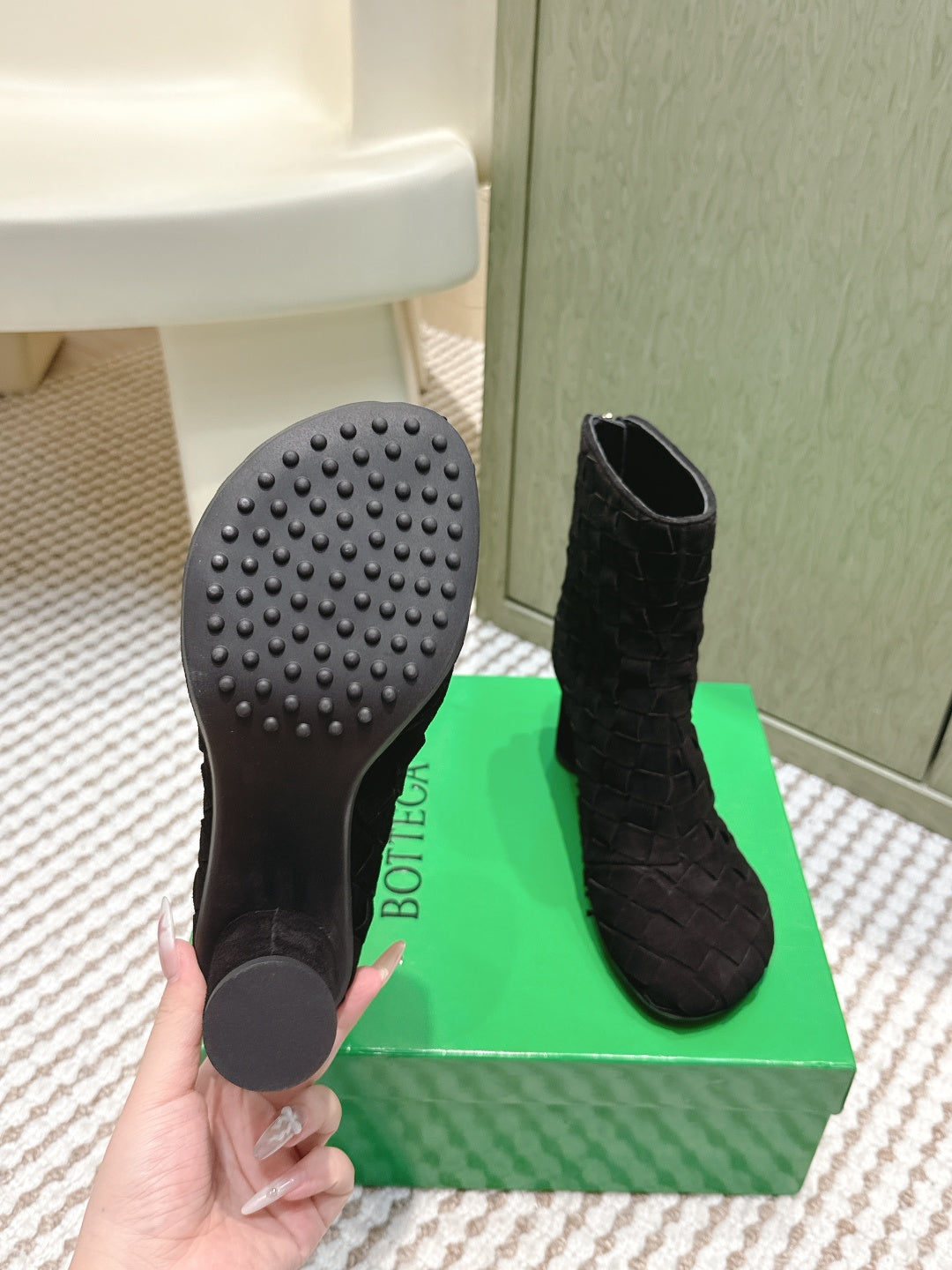 BOTTEGA VENETA 26S INTRECCIATO BOOTS 70 MM IN BLACK SUEDE