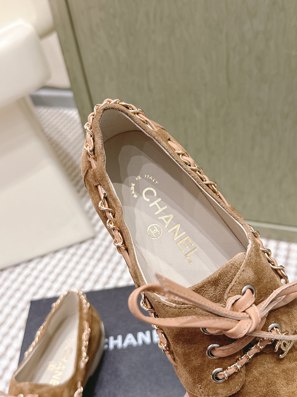CHANEL 25S MOCCASINS IN BROWN AND LIGHT GREY SUEDE