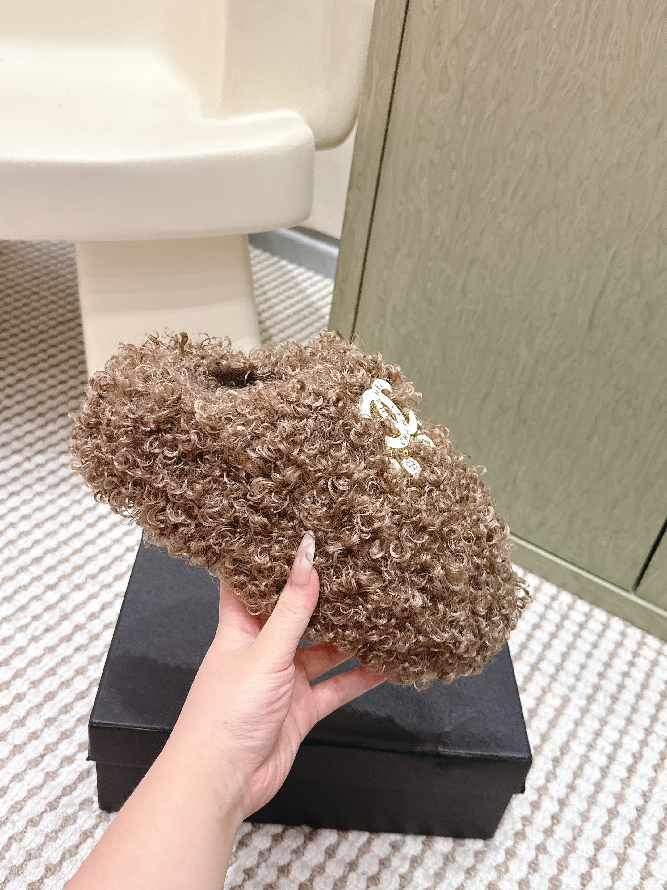 CHANEL 25S CLASSIC FURRY SLIDES IN BROWN WITH DOUBLE C LOGO