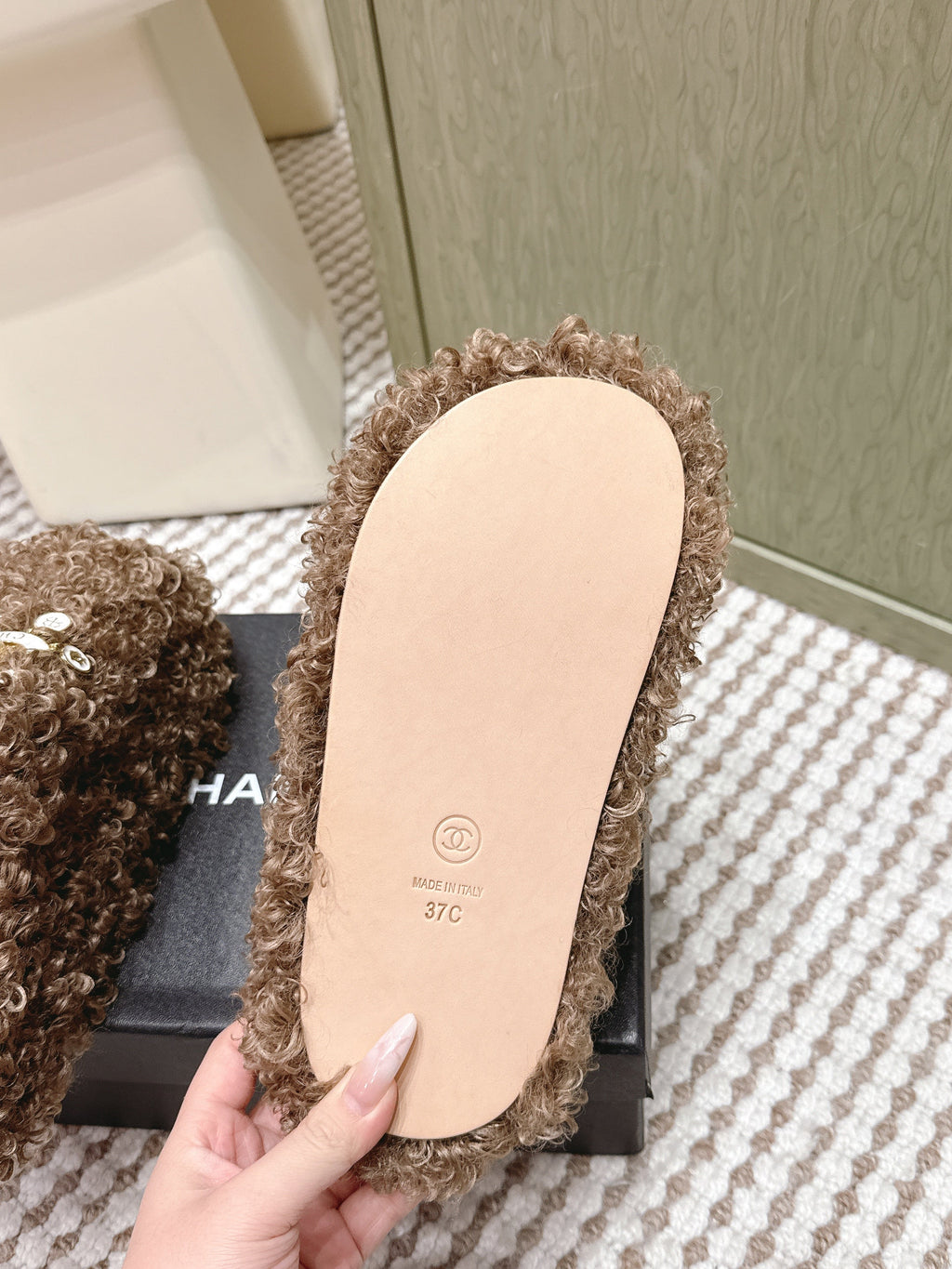 CHANEL 25S CLASSIC FURRY SLIDES IN BROWN WITH DOUBLE C LOGO