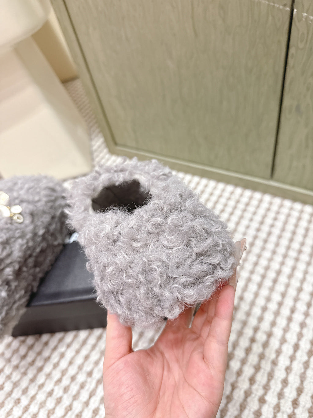 CHANEL 25S CLASSIC FURRY SLIDES IN GRAY WITH DOUBLE C LOGO