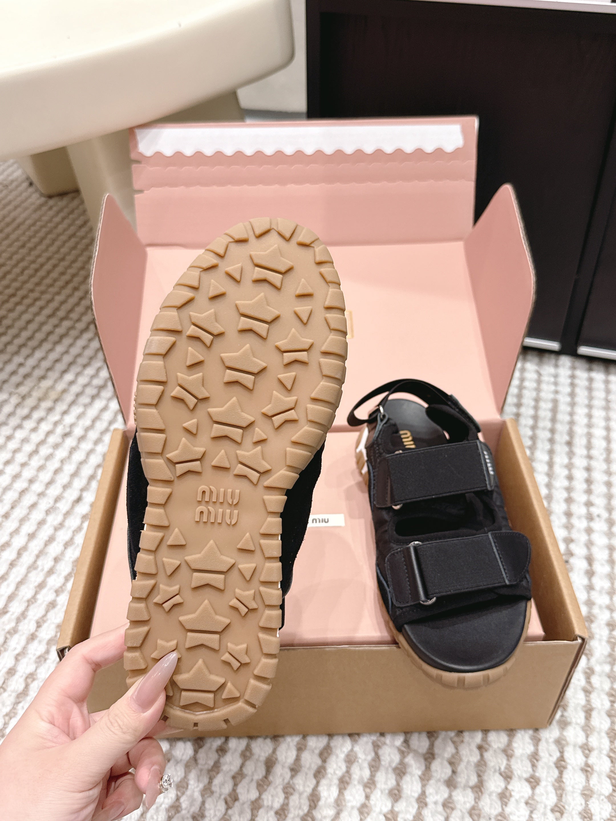MIUMIU 26S VELCRO SANDALS IN BLACK CALFSKIN AND NYLON SILVER HARDWARE