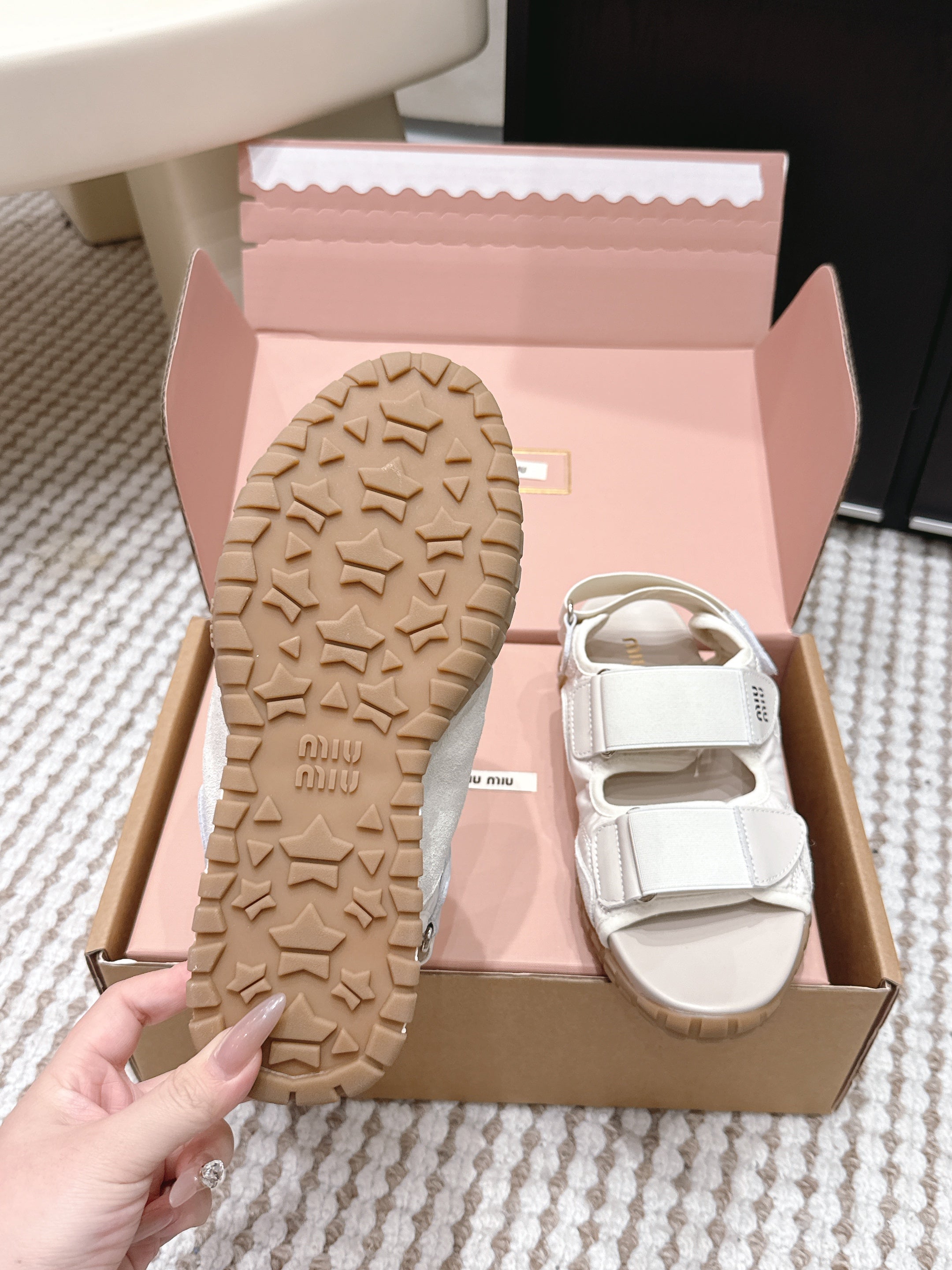 MIUMIU 26S VELCRO SANDALS IN CREAM WHITE CALFSKIN AND NYLON SILVER HARDWARE