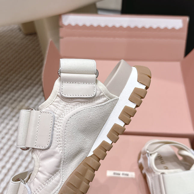 MIUMIU 26S VELCRO SANDALS IN CREAM WHITE CALFSKIN AND NYLON SILVER HARDWARE