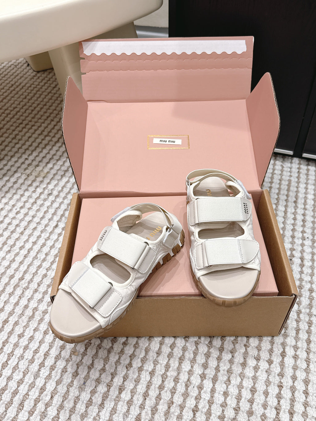 MIUMIU 26S VELCRO SANDALS IN CREAM WHITE CALFSKIN AND NYLON SILVER HARDWARE
