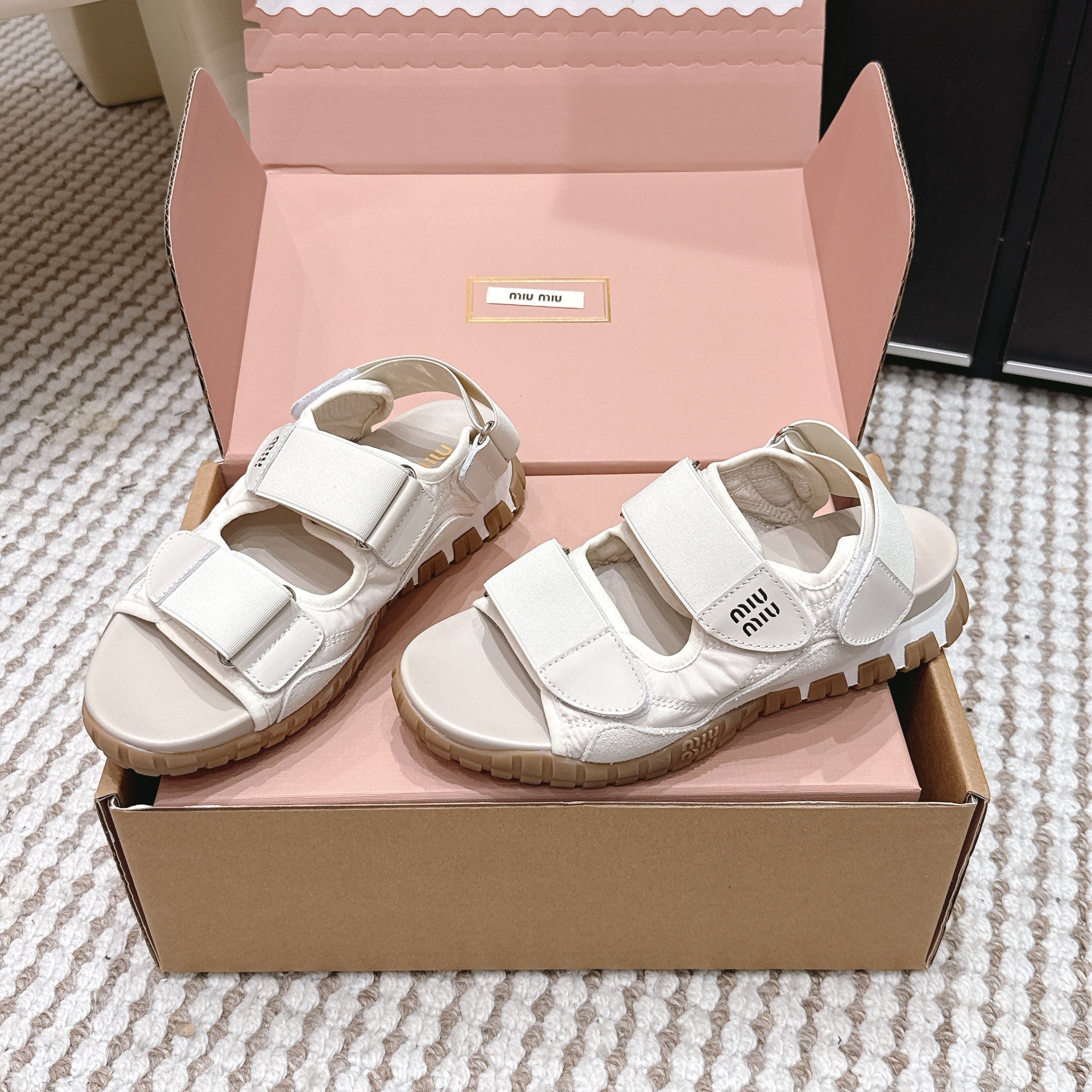 MIUMIU 26S VELCRO SANDALS IN CREAM WHITE CALFSKIN AND NYLON SILVER HARDWARE