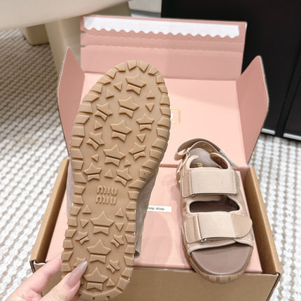 MIUMIU 26S VELCRO SANDALS IN LIGHT BROWN CALFSKIN AND NYLON SILVER HARDWARE