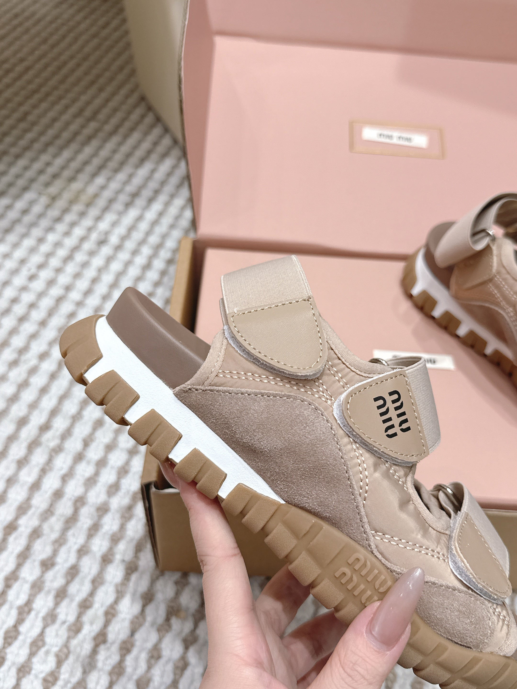 MIUMIU 26S VELCRO SANDALS IN LIGHT BROWN CALFSKIN AND NYLON SILVER HARDWARE