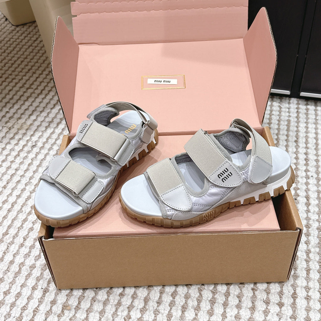 MIUMIU 26S VELCRO SANDALS IN GRAY CALFSKIN AND NYLON SILVER HARDWARE