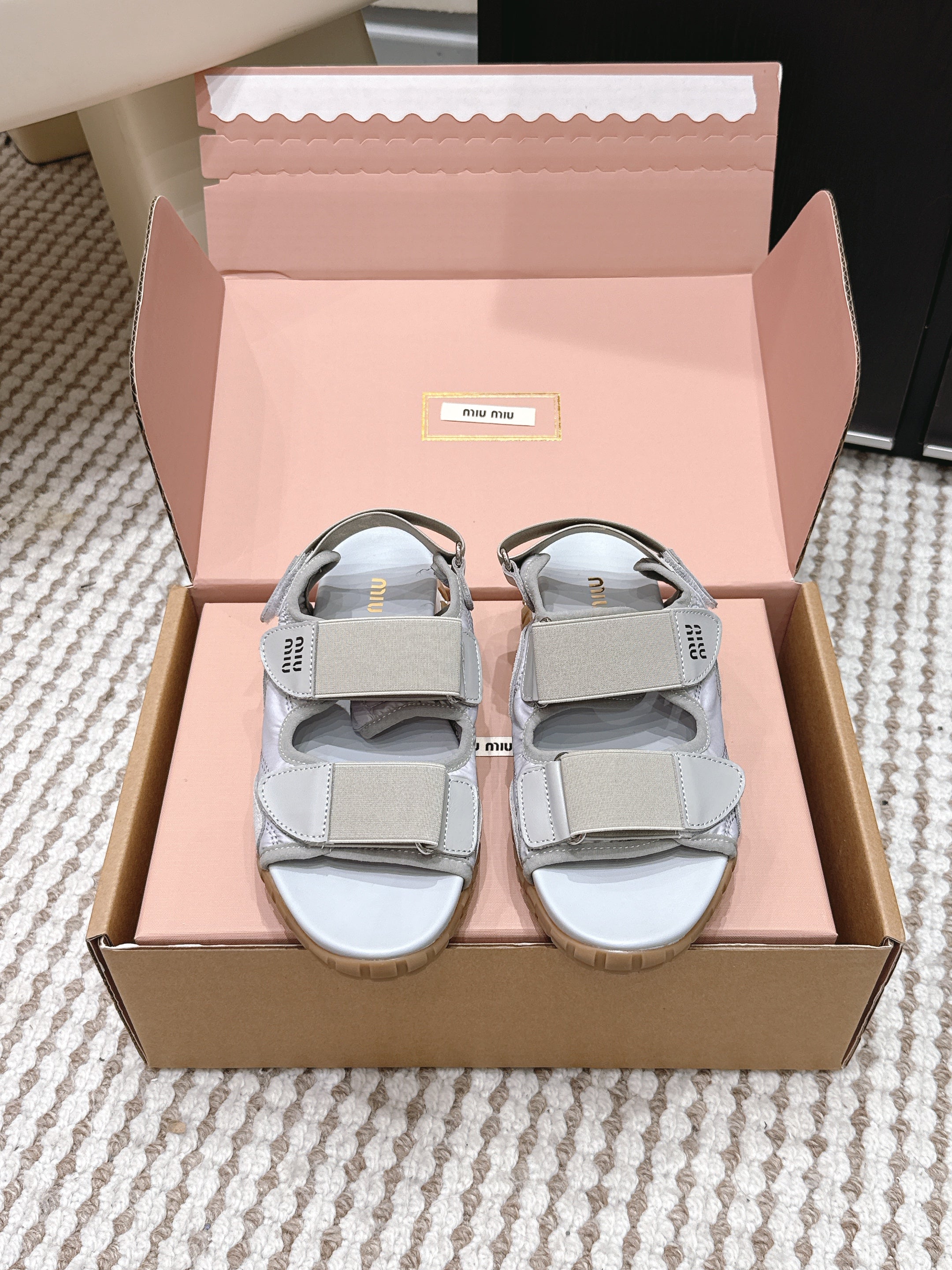 MIUMIU 26S VELCRO SANDALS IN GRAY CALFSKIN AND NYLON SILVER HARDWARE