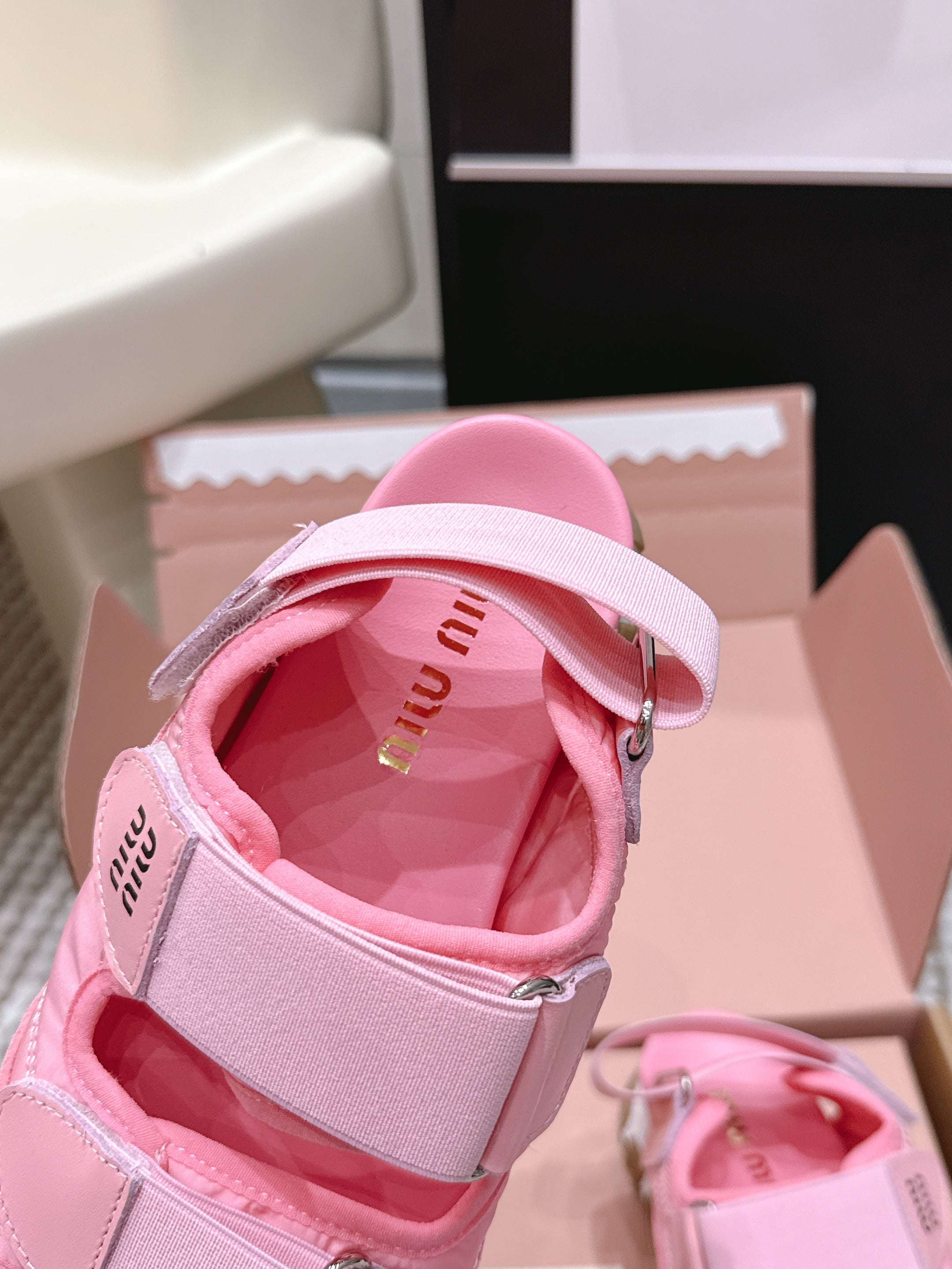 MIUMIU 26S VELCRO SANDALS IN PINK CALFSKIN AND NYLON SILVER HARDWARE