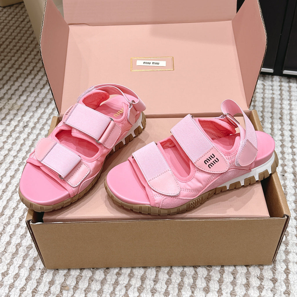 MIUMIU 26S VELCRO SANDALS IN PINK CALFSKIN AND NYLON SILVER HARDWARE
