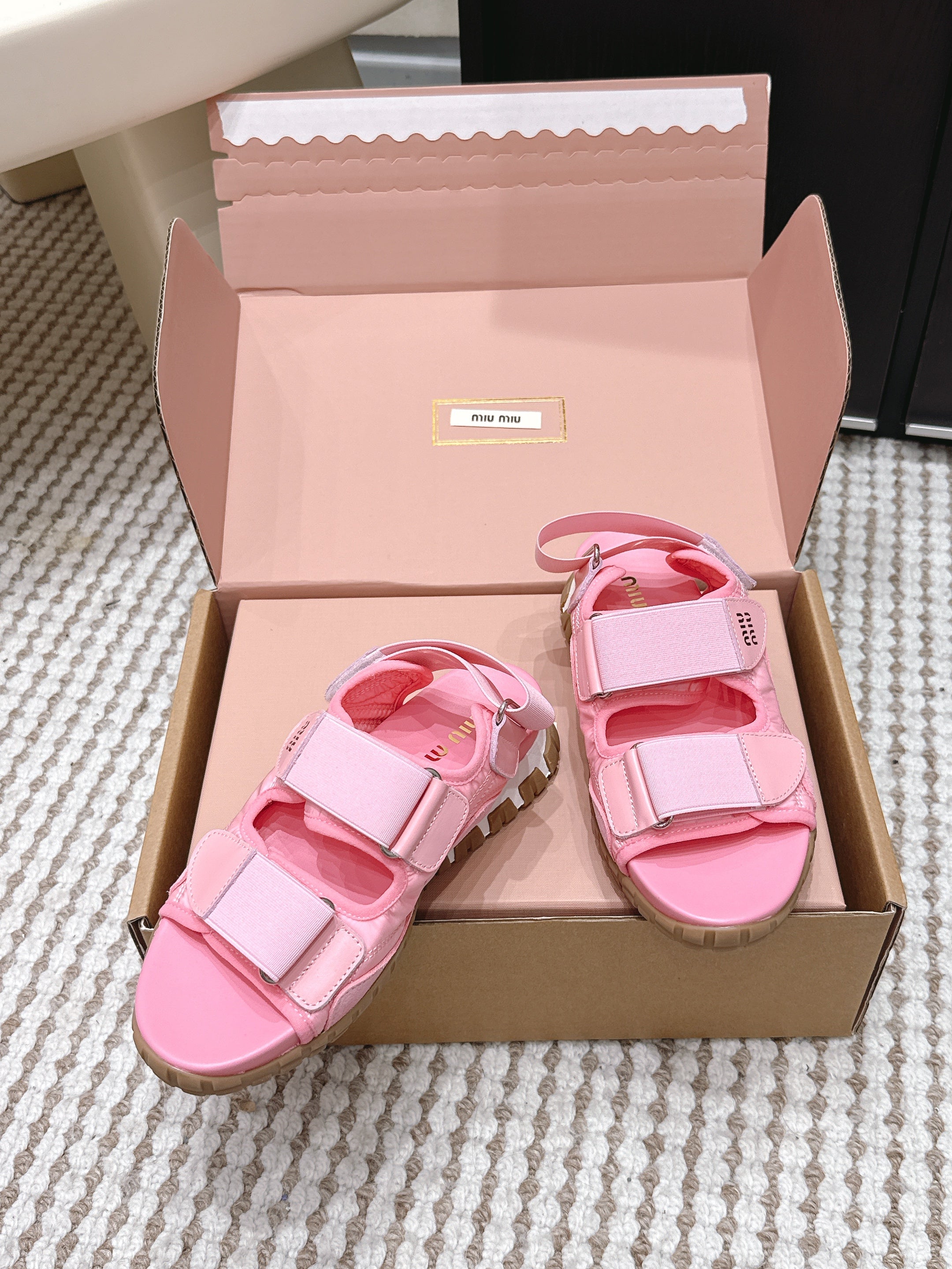 MIUMIU 26S VELCRO SANDALS IN PINK CALFSKIN AND NYLON SILVER HARDWARE
