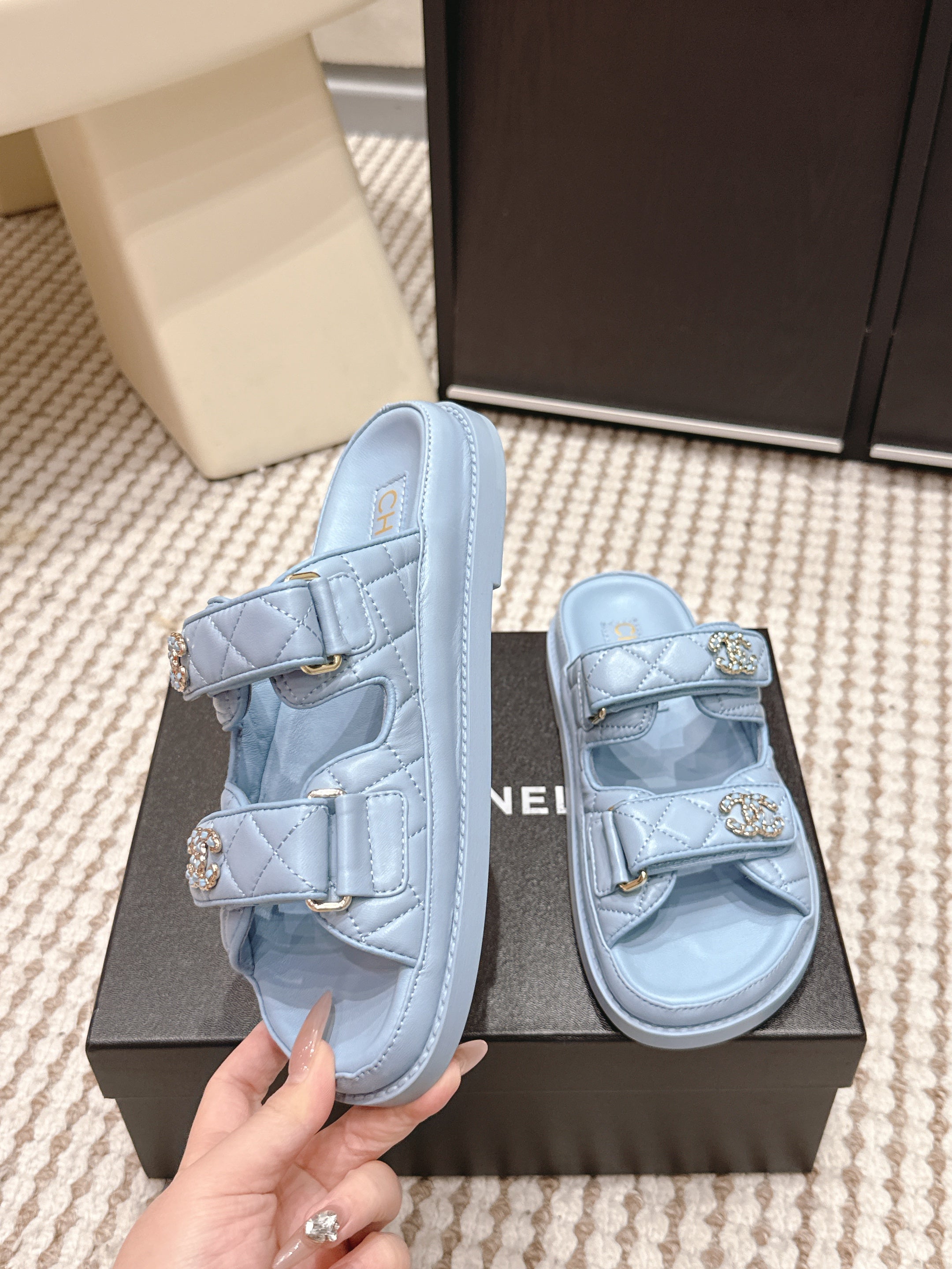CHANEL 26S SANDALS IN LIGHT BLUE CALFSKIN