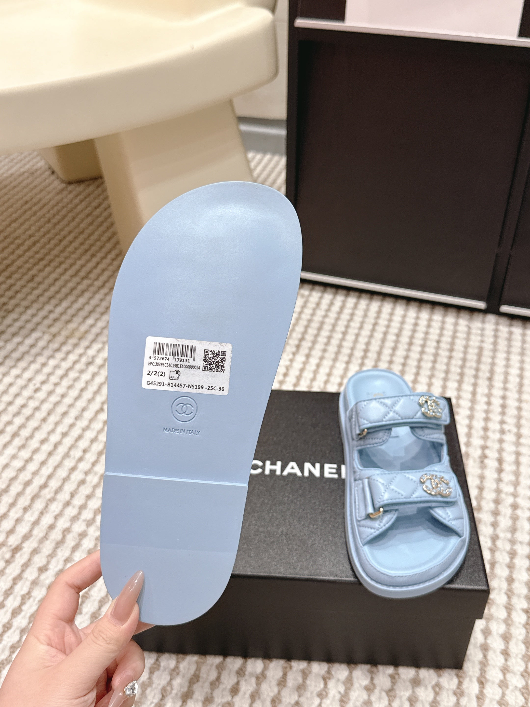 CHANEL 26S SANDALS IN LIGHT BLUE CALFSKIN