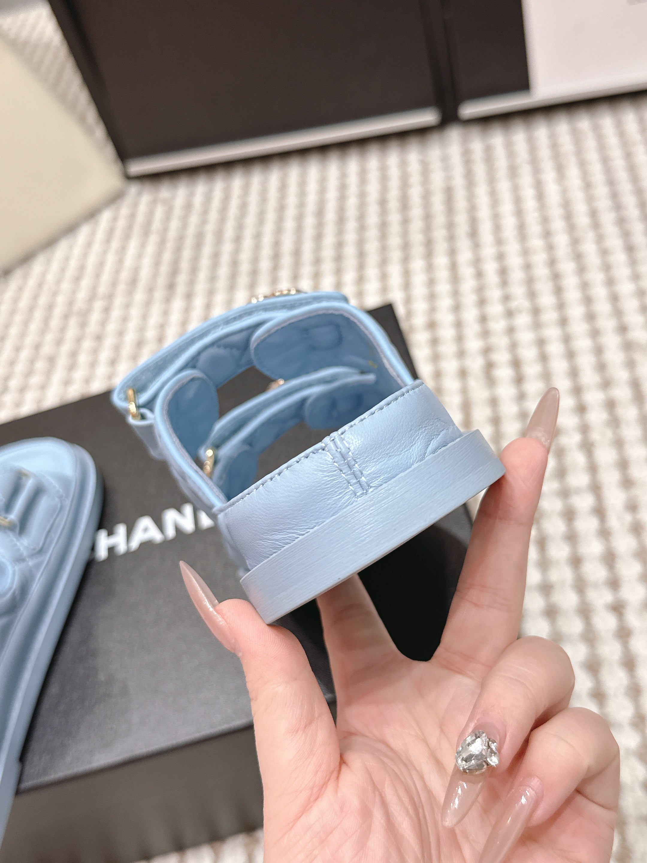 CHANEL 26S SANDALS IN LIGHT BLUE CALFSKIN