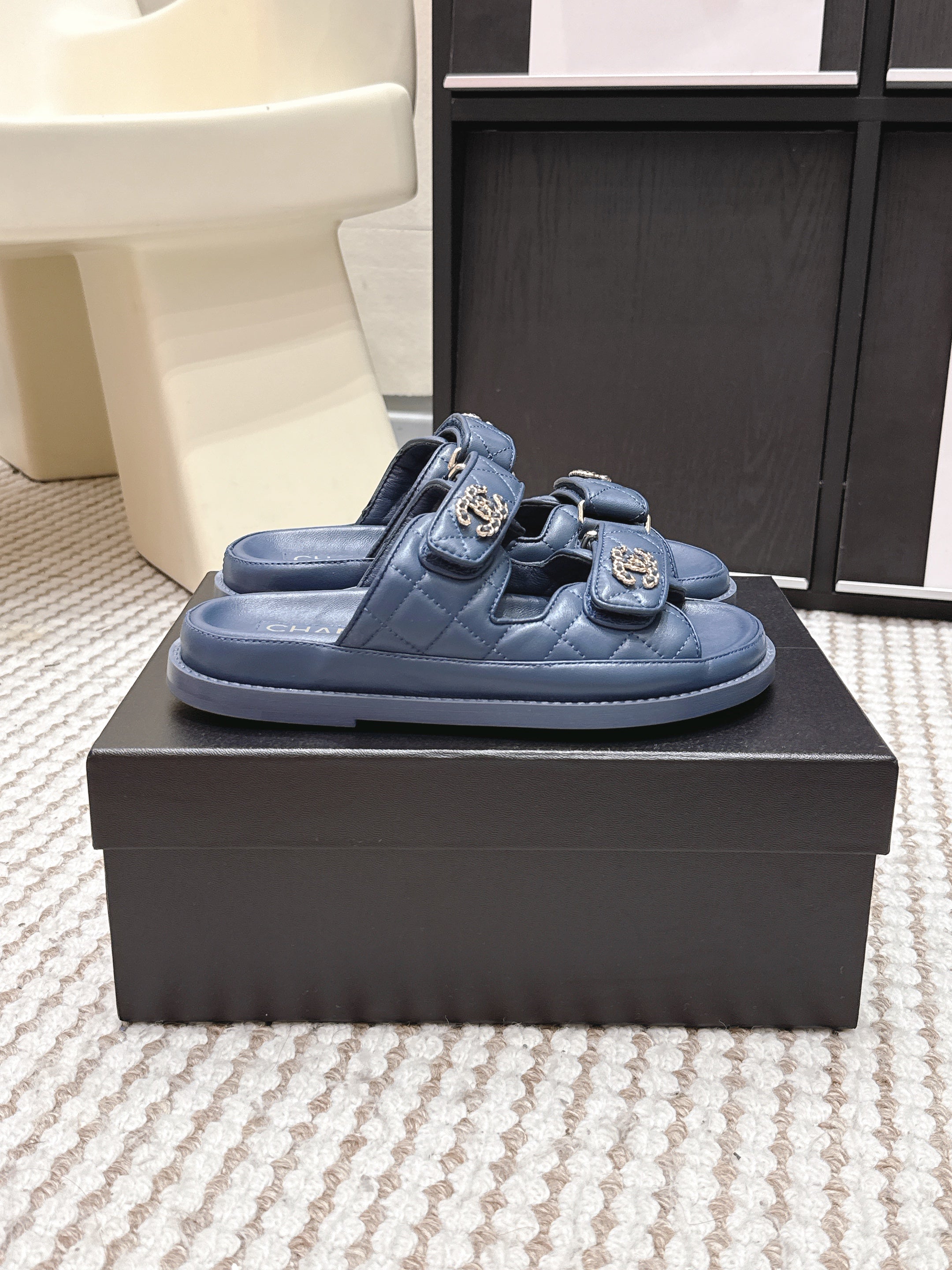 CHANEL 26S SANDALS IN SLATE BLUE CALFSKIN