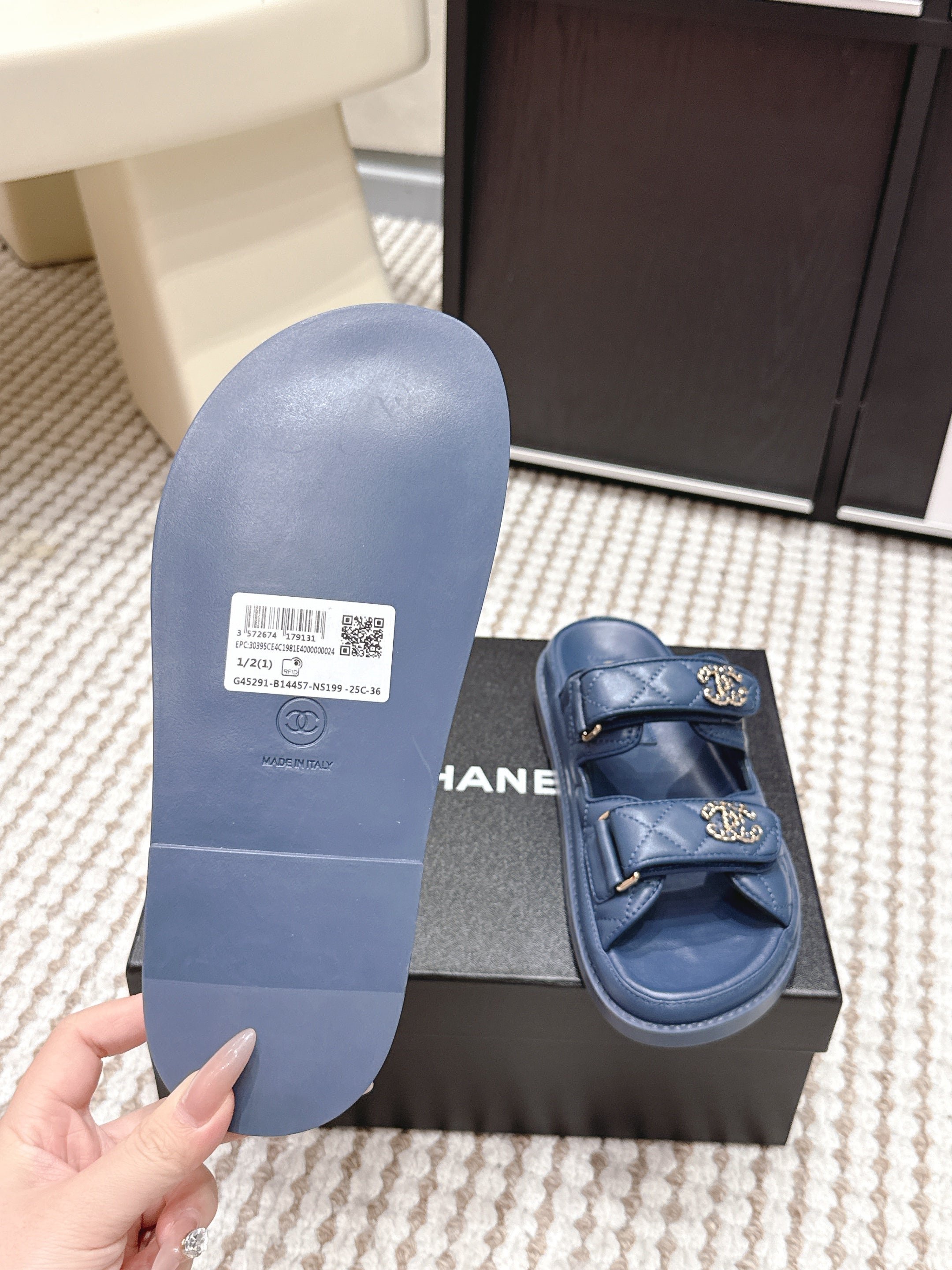 CHANEL 26S SANDALS IN SLATE BLUE CALFSKIN