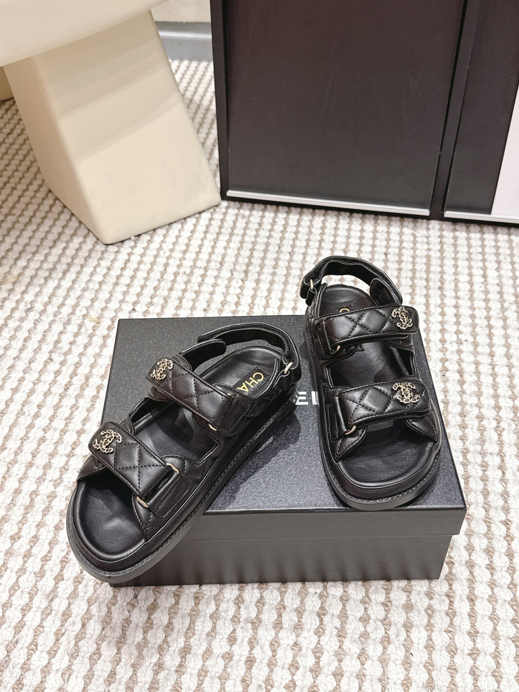 CHANEL 26S QUILTED DAD SANDALS IN BLACK CALFSKIN