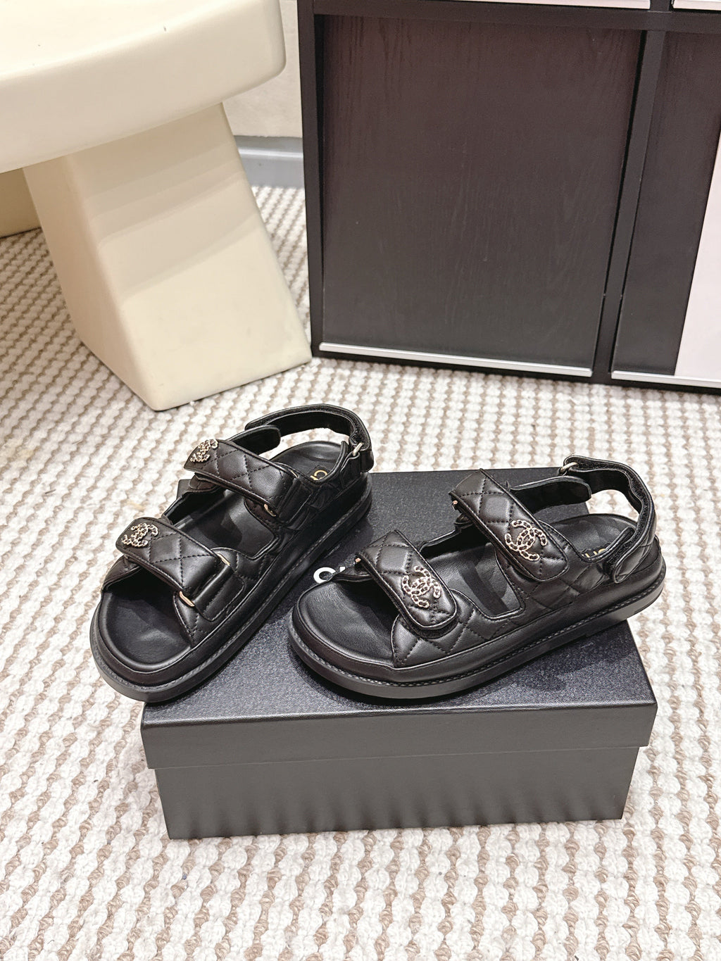 CHANEL 26S QUILTED DAD SANDALS IN BLACK CALFSKIN