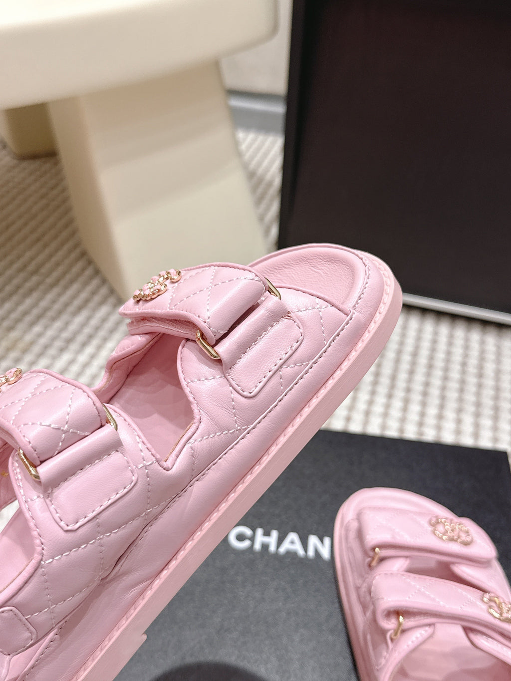 CHANEL 26S QUILTED DAD SANDALS IN LIGHT PINK CALFSKIN