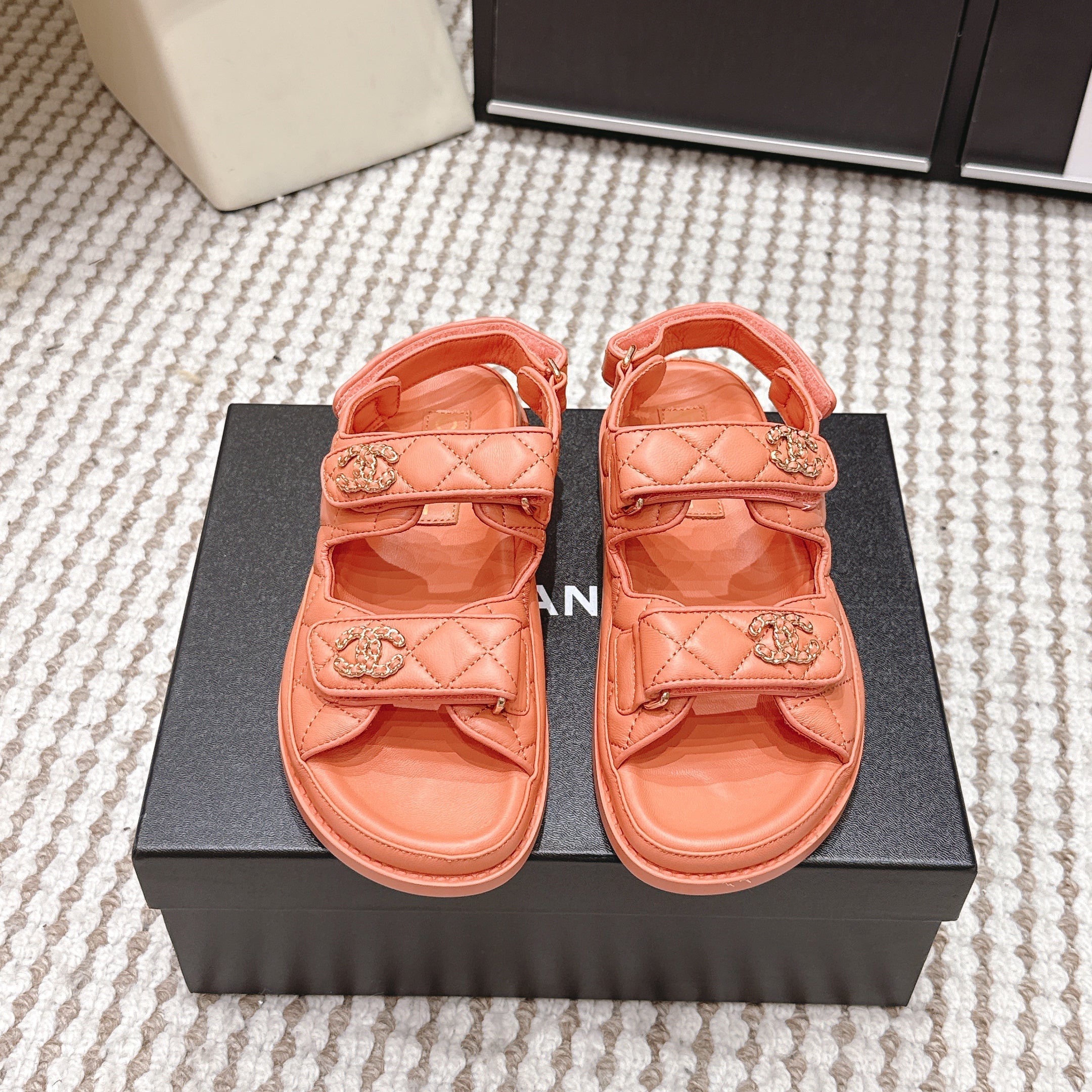CHANEL 26S QUILTED DAD SANDALS IN ORANGE CALFSKIN